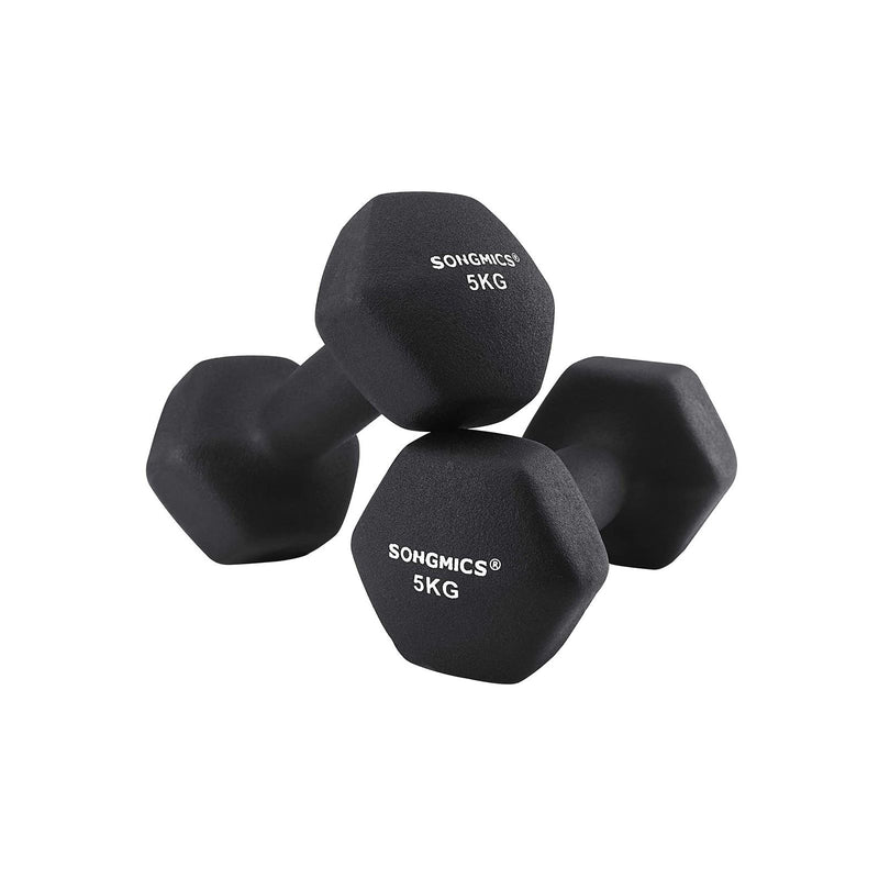 Set de 2 gantere , 2 x 5 kg, gantere din neopren, cu aderenta anti-alunecare, antrenamente de fitness, negre SONGMICS