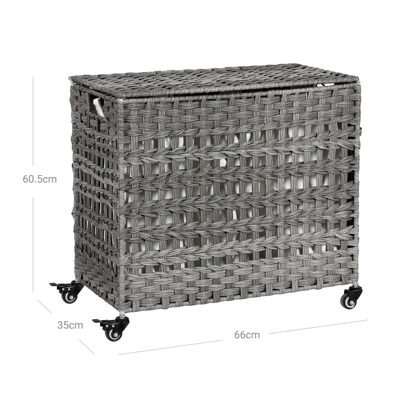 Cos de rufe manual din stil rattan, Cos de rufe cu 3 compartimente separate, Manere, Saci detasabili, pentru camera de zi, baie, camera de spalat, Gri SONGMICS