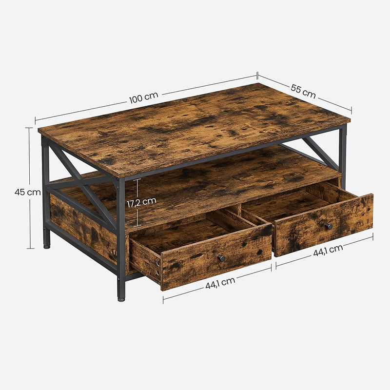 Masa de cafea, Masa pentru living, cu 2 sertare si raft de depozitare deschis, Cadru din otel in forma de X, 100 x 55 x 45 cm, Stil industrial, Maro Rustic si Negru, VASAGLE