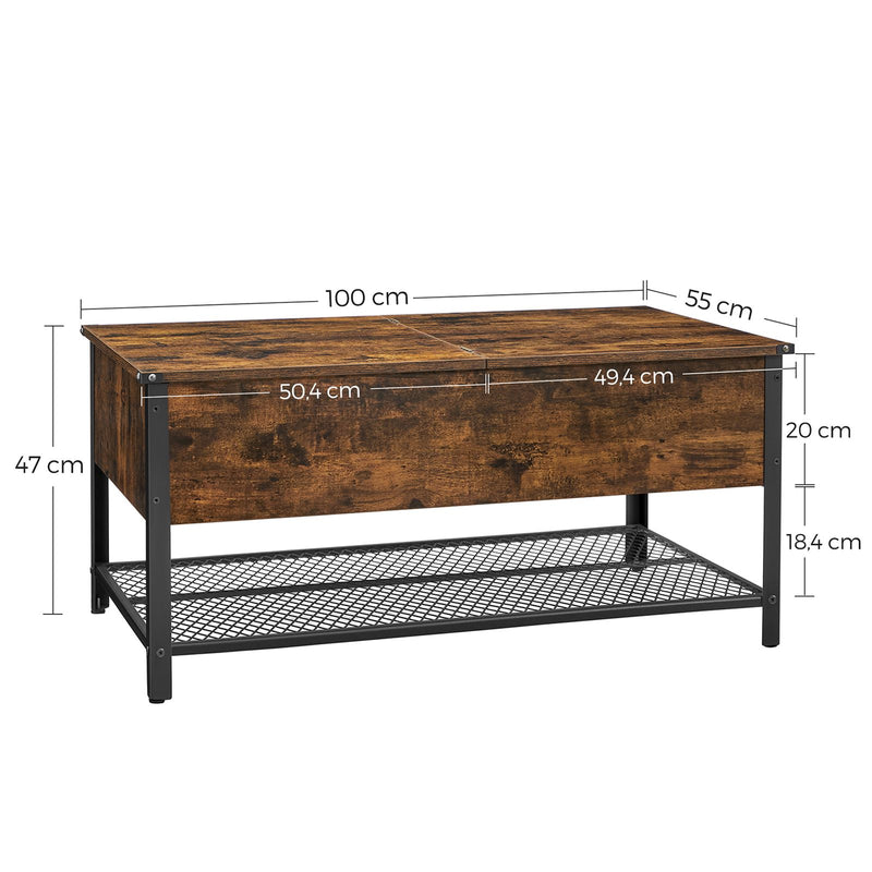 Masa de cafea, Masa pentru living cu capac rabatabil, Compartiment de depozitare ascuns si raft de plasa, Cadru din otel, Stil industrial, 100 x 55 x 47 cm, Maro Rustic si Negru, VASAGLE