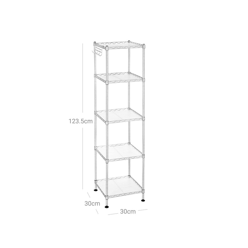 Raft de baie, Unitate de rafturi din metal, Capacitate totala de incarcare 100 kg, cu 5 foi PP, Carlige detasabile, 30 x 30 x 123,5 cm, Design extensibil, pentru spatii mici, Argintiu si Translucid SONGMICS