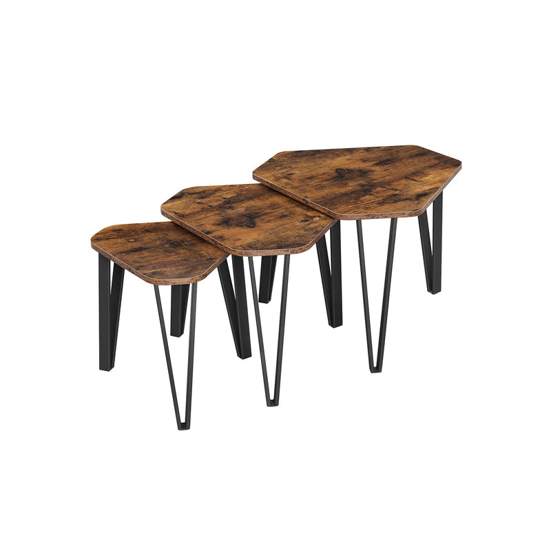 Masuta de Cafea cu Nesting, Set de 3 Masute Laterale pentru Living, Masute de Stivuire, Robuste si Usor de Asamblat, Structura din Otel, Stil Industrial, Maro Rustic si Negru, VASAGLE