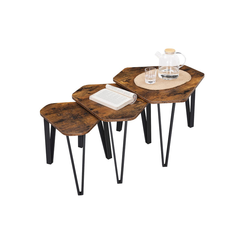 Masuta de Cafea cu Nesting, Set de 3 Masute Laterale pentru Living, Masute de Stivuire, Robuste si Usor de Asamblat, Structura din Otel, Stil Industrial, Maro Rustic si Negru, VASAGLE