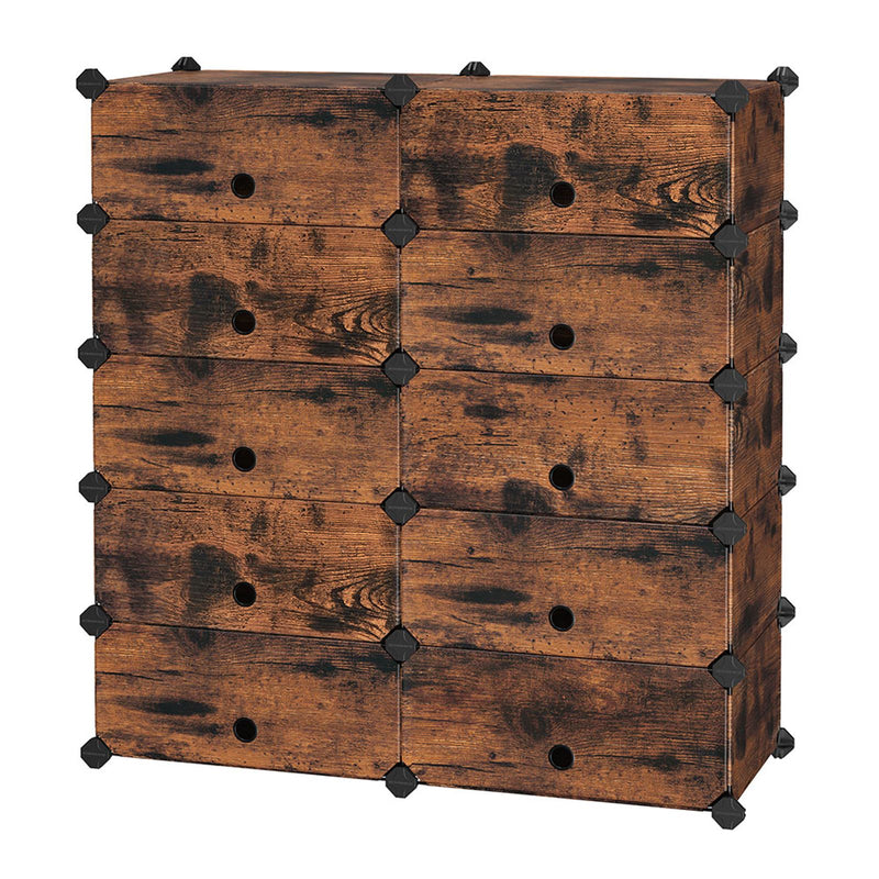 Raft pentru Pantofi cu imbinare, Organizator de Depozitare Rectangular, Unitate de Rafturi Modulare DIY cu 10 Compartimente, 40 x 30 x 17 cm pentru Fiecare Compartiment, Dulap din Plastic cu Usi, Maro Rustic SONGMICS