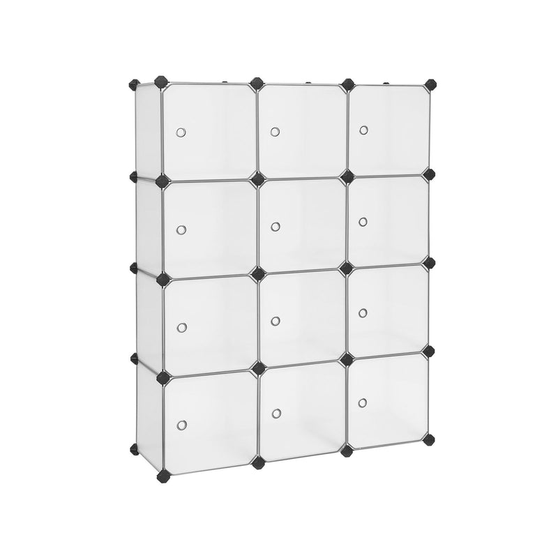 Organizator de Stocare cu 12 Cuburi, Dulap din Plastic cu Usi, Raft pentru Pantofi, Cuier, pentru Haine, Pantofi, Jucarii, Carti, Usor de Asamblat, 30 x 30 x 30 cm, Alb SONGMICS