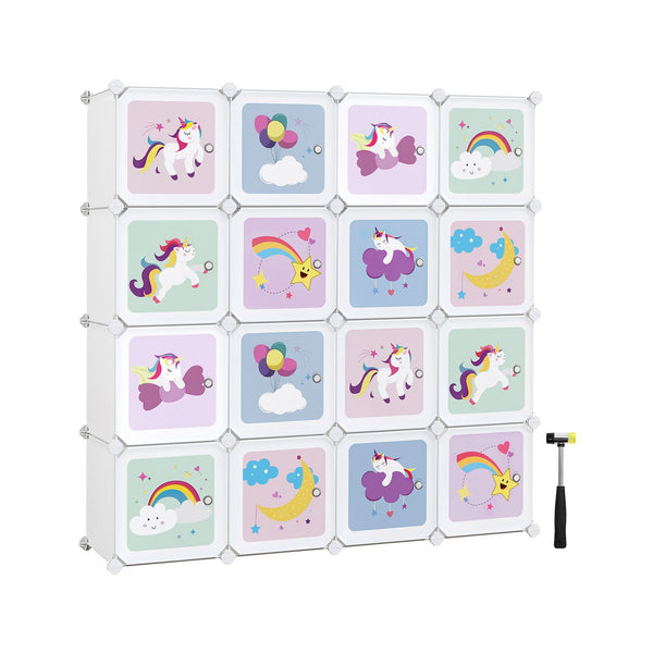 Raft Cubic Multi-Scop cu 16 Cuburi, Sistem de Rafturi cu Usi, Garderoba, Raft pentru Pantofi din Plastic pentru Copii, Jucarii, 123 x 31 x 123 cm, Alb SONGMICS