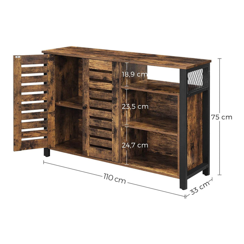 Cabinet de Depozitare, Bufet cu 2 Usi, Rafturi Reglabile, pentru Dining Room, Camera de Zi, Bucatarie, 110 x 33 x 75 cm, Stil Industrial, Maro Rustic si Negru, VASAGLE