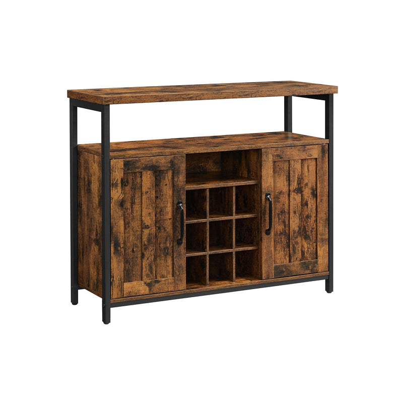 Cabinet de Depozitare, Bufet cu Suport pentru Sticle de Vin, Cuier cu 2 Usi pentru Dining Room, Camera de Zi, Bucatarie, 100 x 35 x 81.4 cm, Stil Industrial, Maro Rustic si Negru, VASAGLE