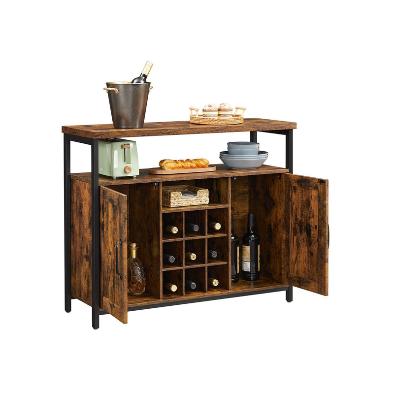 Cabinet de Depozitare, Bufet cu Suport pentru Sticle de Vin, Cuier cu 2 Usi pentru Dining Room, Camera de Zi, Bucatarie, 100 x 35 x 81.4 cm, Stil Industrial, Maro Rustic si Negru, VASAGLE