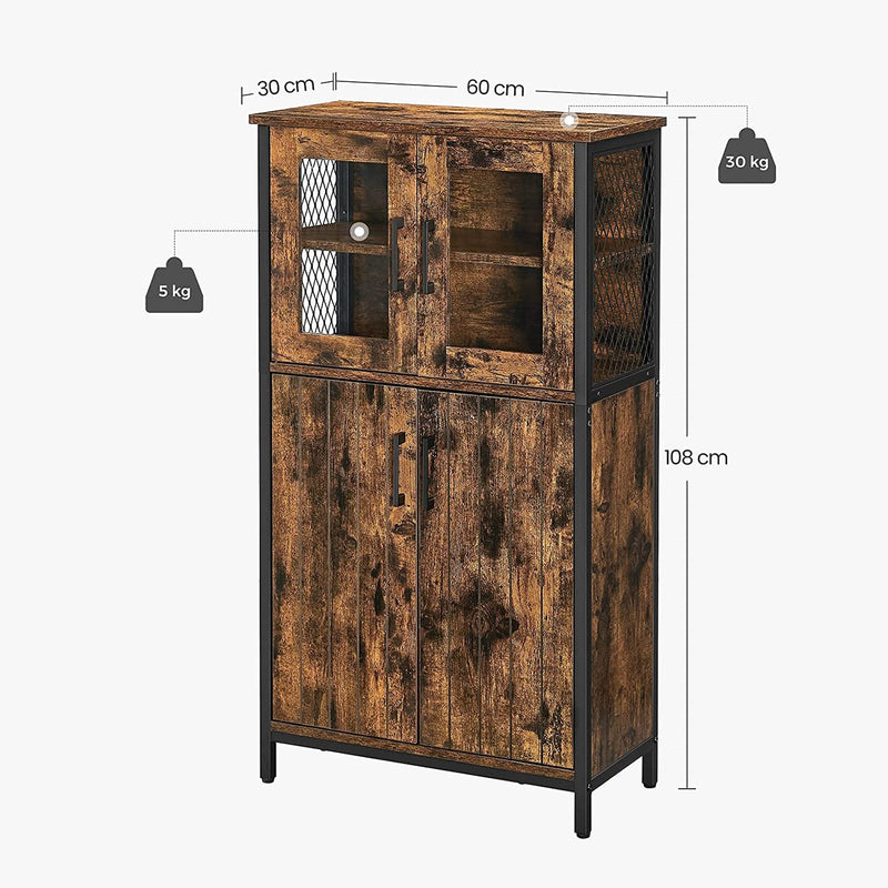 Cabinet de Depozitare Polifunctional, Cuier, Bufet, Raft Reglabil, Cabinet de Baie, Cadru din Otel, pentru Bucatarie, Camera de Zi, Stil Industrial, Maro Rustic si Negru, VASAGLE