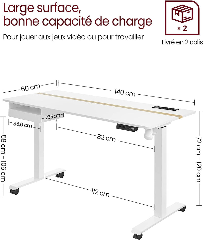 Birou Electric Reglabil pe inaltime cu Priza si Sertar, 60 x 140 cm, Suprafata Continuu Reglabila cu Functie de Memorie cu 4 inaltimi, Alb, VASAGLE