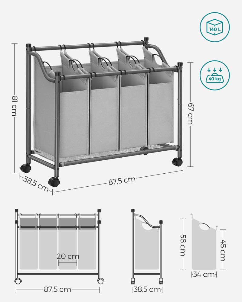 Cos de rufe haine Songmics 4 X 35L GRI 87.5 X 38.5 X 67-81 cm