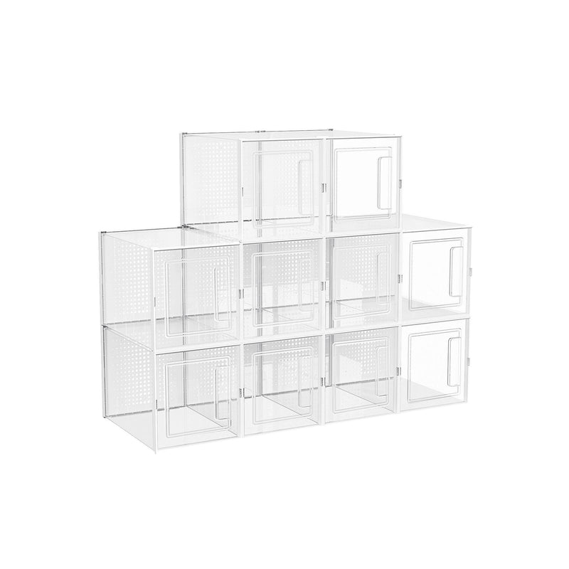 Cutii de Pantofi inalte, Set de 10 Organizatoare de Stocare din Plastic pentru Pantofi cu Toc inalt, Cizme la Glezna, Bocanci Cu Toc, Suprapunere si Pliabile, Usa Frontala Transparenta, Transparent SONGMICS