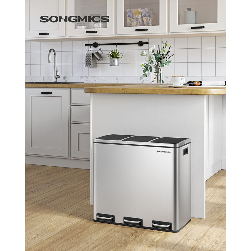 Cos de Gunoi , 3 x 18 L Triple Kitchen Bin, Cos Pedal cu 3 Compartimente si Capac inchidere usoara, Galeti Interioare din Plastic si Manere, Argintiu si Negru SONGMICS