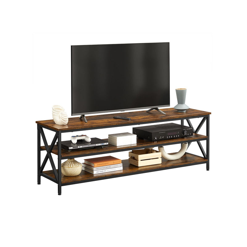 Stand TV, Masuta TV, Consola TV pentru Televizoare de pana la 65 de Inch, cu Rafturi Deschise, Cadru din Otel in Forma de X, Design Industrial in Stil Rustic, 147 x 40 x 50 cm, Maro Rustic si Negru, VASAGLE