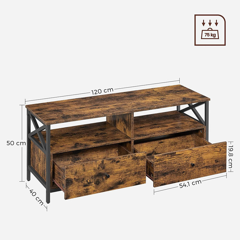 Cabinet TV, Unitate TV pentru Televizor de 55 de Inch, pentru Camera de Zi, cu 2 Sertare, 2 Rafturi de Depozitare, 120 x 40 x 50 cm, Cadru din Otel, Stil Industrial, Maro Rustic si Negru, VASAGLE