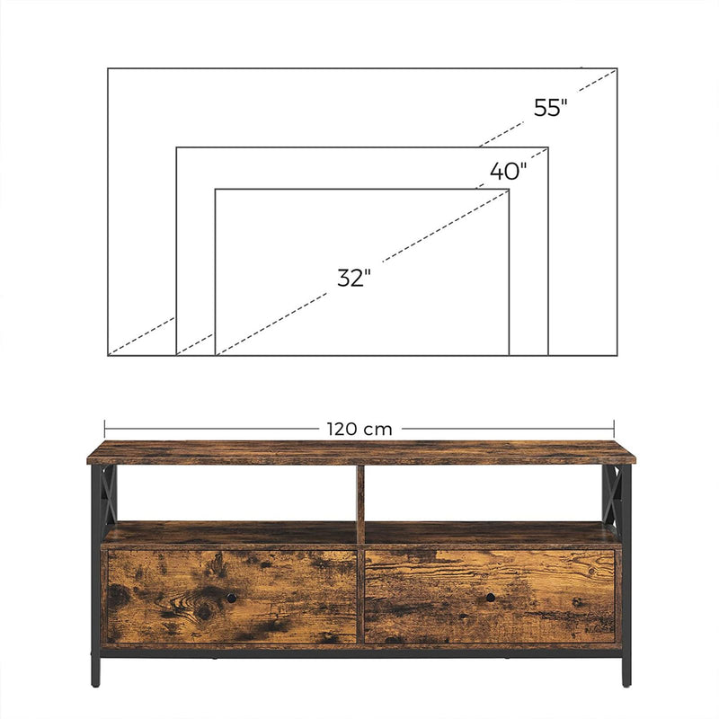 Cabinet TV, Unitate TV pentru Televizor de 55 de Inch, pentru Camera de Zi, cu 2 Sertare, 2 Rafturi de Depozitare, 120 x 40 x 50 cm, Cadru din Otel, Stil Industrial, Maro Rustic si Negru, VASAGLE