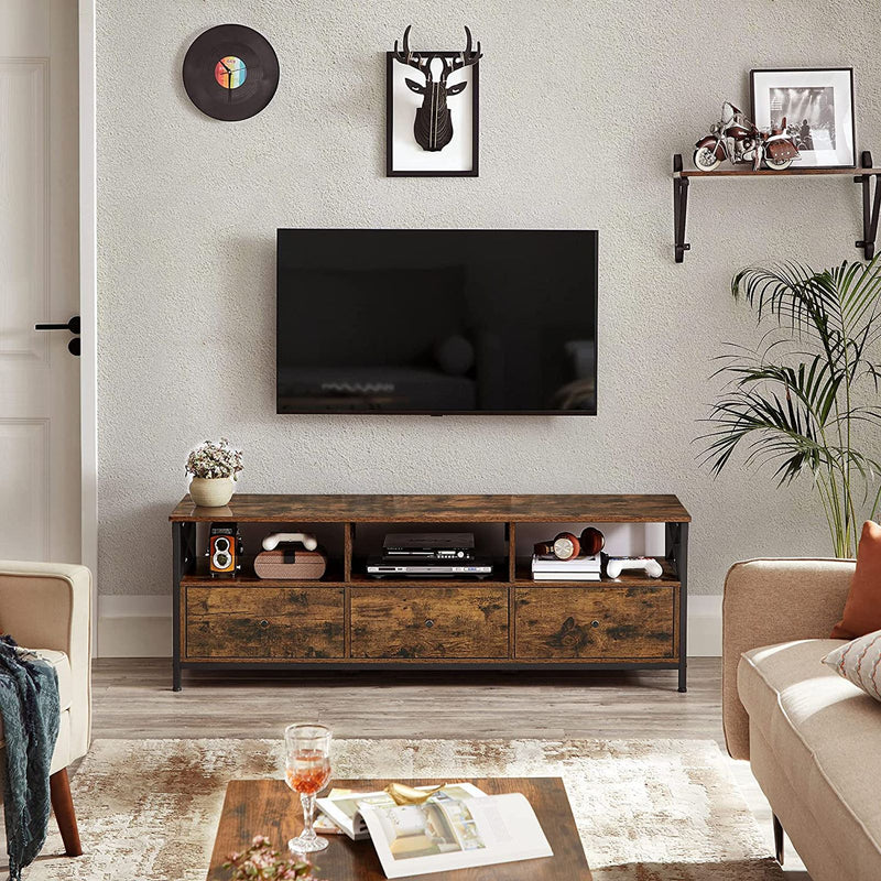 Stand TV, Masuta TV pentru Televizoare de pana la 65 de Inch, cu 3 Sertare si 3 Rafturi Deschise, 40 x 147 x 50 cm, pentru Camera de Zi, Dormitor, Cadru din Otel, Maro Rustic si Negru, VASAGLE