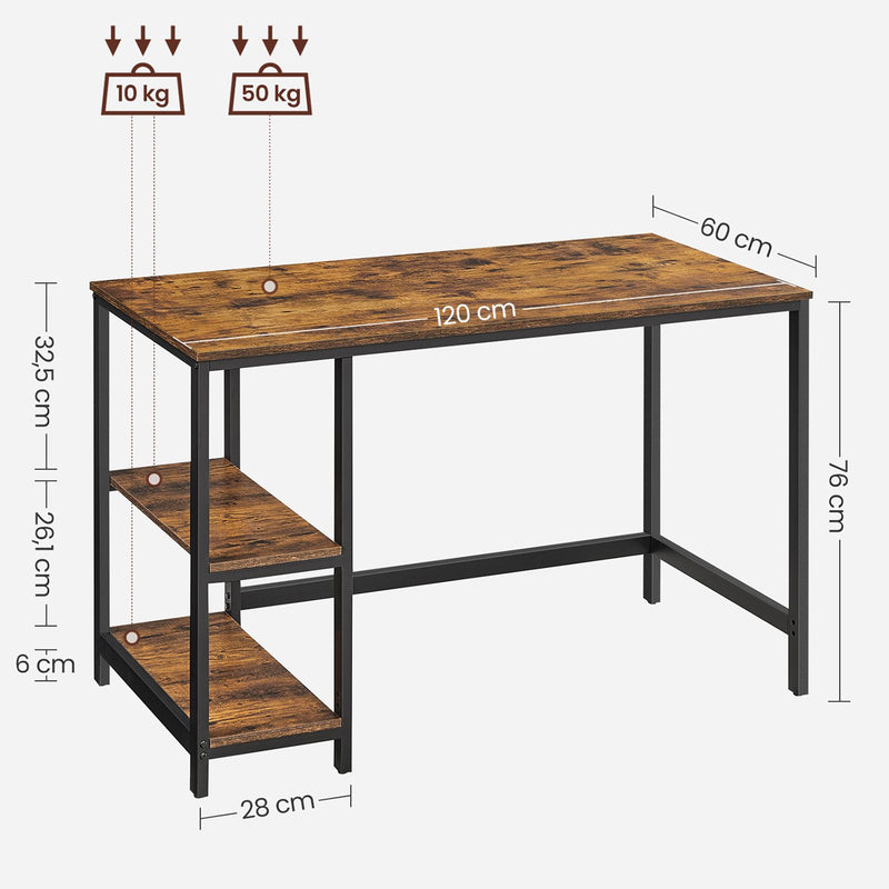 Birou calculator, cu 2 rafturi pe stanga sau dreapta, cadru de otel, design industrial, maro rustic - negru, 120 x 60 x 75 cm, Vasagle