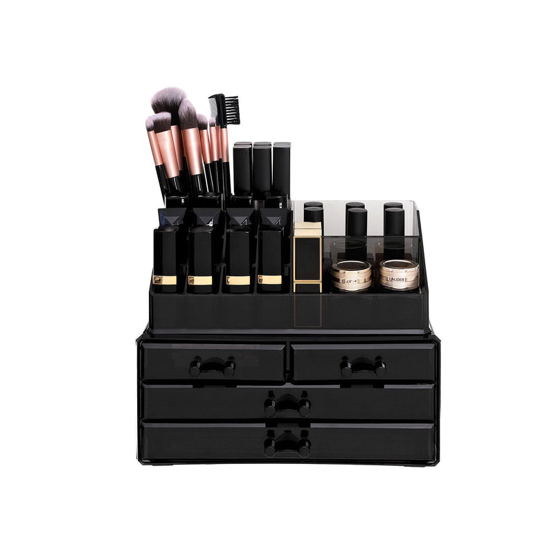 Organizator de Machiaj din Acrilic, Cutie de Depozitare pentru Machiaj, Caz de Afisare Cosmetic, cu 4 Sertare, pentru Pensule, Palete, Rujuri, Oja, Cadou, Negru SONGMICS