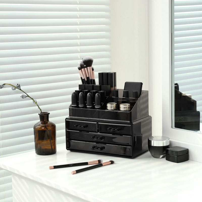 Organizator de Machiaj din Acrilic, Cutie de Depozitare pentru Machiaj, Caz de Afisare Cosmetic, cu 4 Sertare, pentru Pensule, Palete, Rujuri, Oja, Cadou, Negru SONGMICS