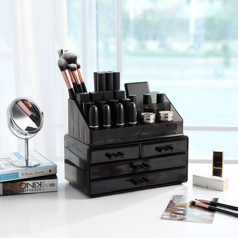 Organizator de Machiaj din Acrilic, Cutie de Depozitare pentru Machiaj, Caz de Afisare Cosmetic, cu 4 Sertare, pentru Pensule, Palete, Rujuri, Oja, Cadou, Negru SONGMICS