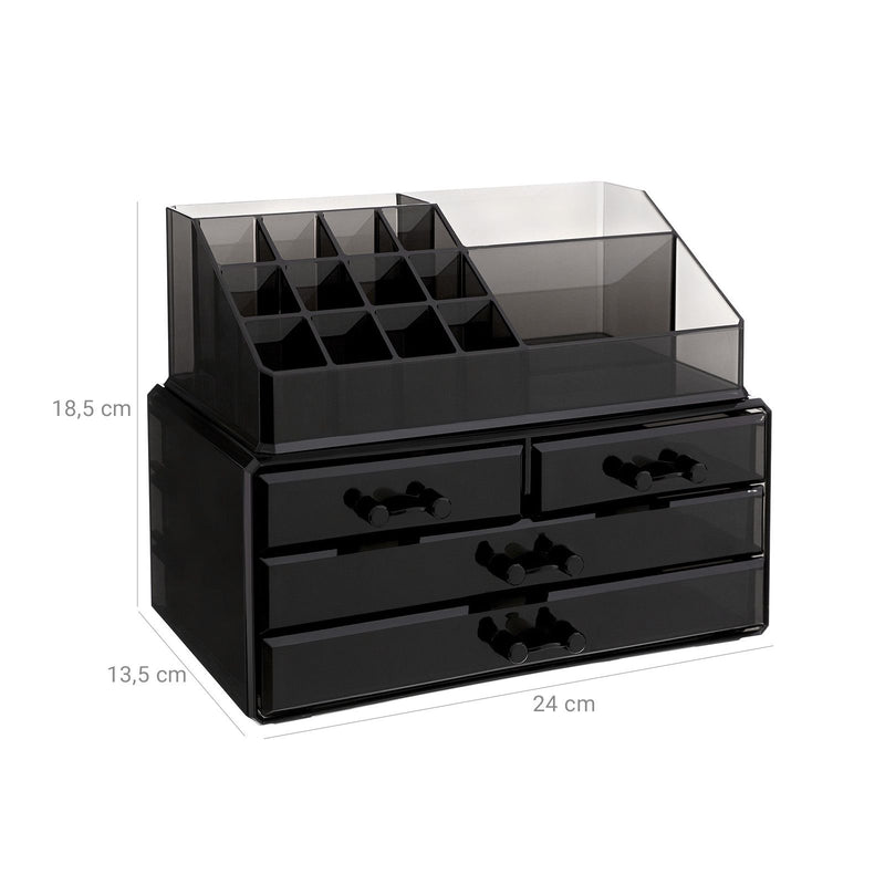 Organizator de Machiaj din Acrilic, Cutie de Depozitare pentru Machiaj, Caz de Afisare Cosmetic, cu 4 Sertare, pentru Pensule, Palete, Rujuri, Oja, Cadou, Negru SONGMICS