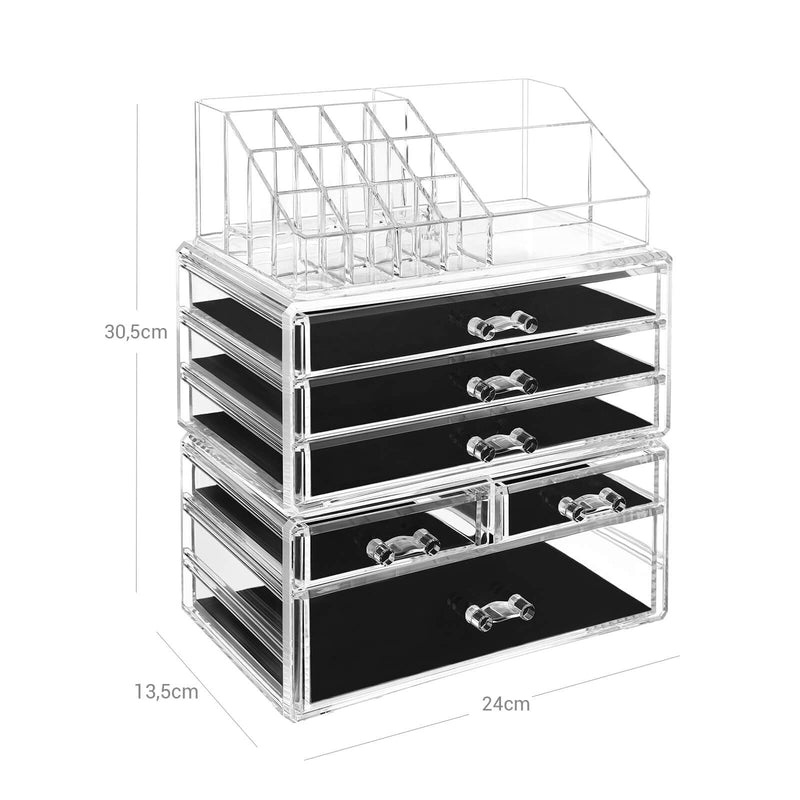 Organizator Mare din Acrilic Transparent pentru Machiaj, Cutie pentru Cosmetice cu 6 Sertare, pentru Palete, Pensule, Fonduri de Ten, Rujuri, Oje, Agrafe de Par, Cadou Minunat pentru Cei Dragi SONGMICS