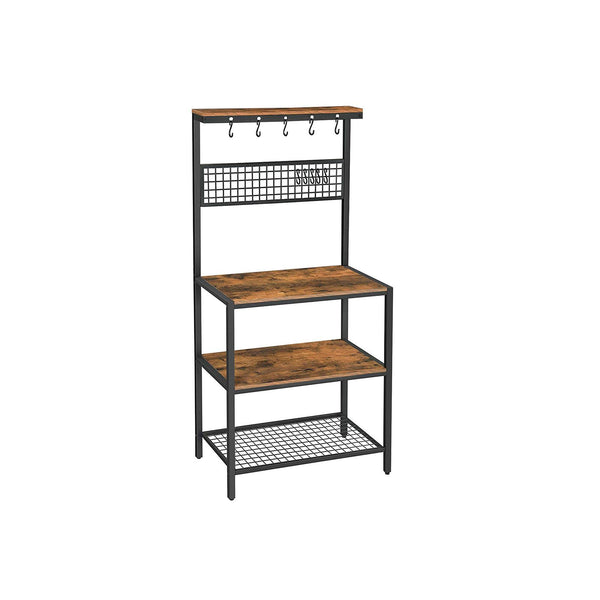 Rack de Bucatar Industrial , Unitate de Bucatarie cu Polite de Depozitare, 10 Carlige si Polita cu Plasa Metalica, Polita pentru Cuptorul cu Microunde si Ustensile, 84 x 40 x 170 cm, Maro Rustic, VASAGLE