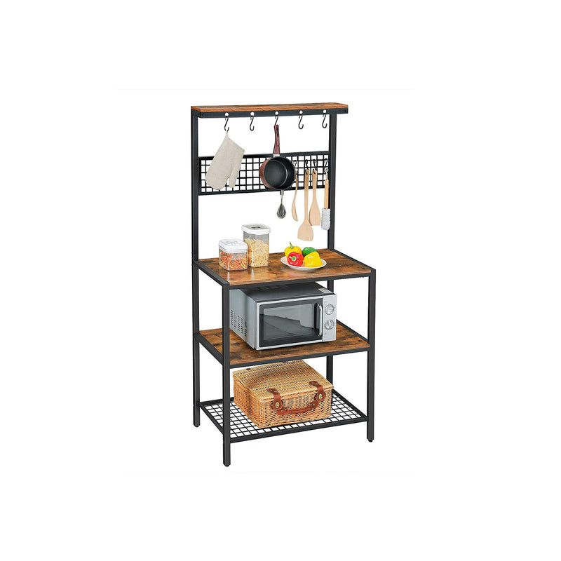 Rack de Bucatar Industrial , Unitate de Bucatarie cu Polite de Depozitare, 10 Carlige si Polita cu Plasa Metalica, Polita pentru Cuptorul cu Microunde si Ustensile, 84 x 40 x 170 cm, Maro Rustic, VASAGLE