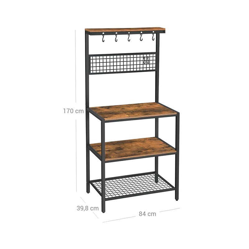 Rack de Bucatar Industrial , Unitate de Bucatarie cu Polite de Depozitare, 10 Carlige si Polita cu Plasa Metalica, Polita pentru Cuptorul cu Microunde si Ustensile, 84 x 40 x 170 cm, Maro Rustic, VASAGLE