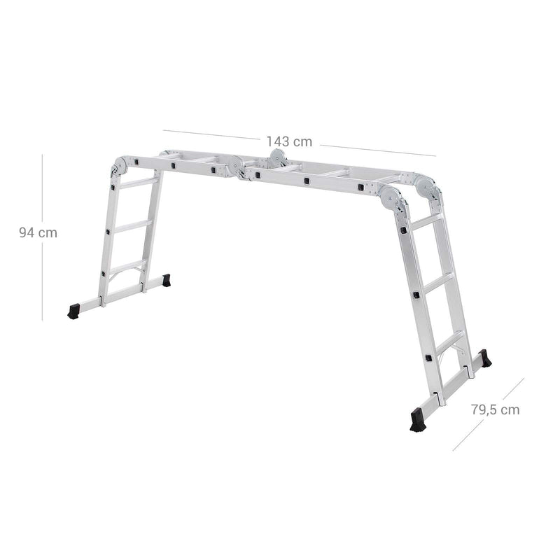 Scara de 3.5 metri, Scara multifunctionala din aluminiu cu 2 placi metalice si 12 trepte, Articulata, Suporta pana la 150 kg, Argintie, SONGMICS