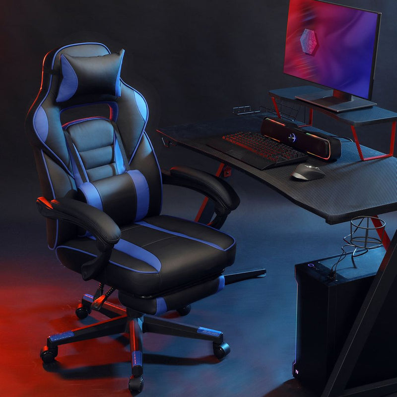 Scaun gaming Songmics cu tetiera si suport pentru picioare, negru/ albastru