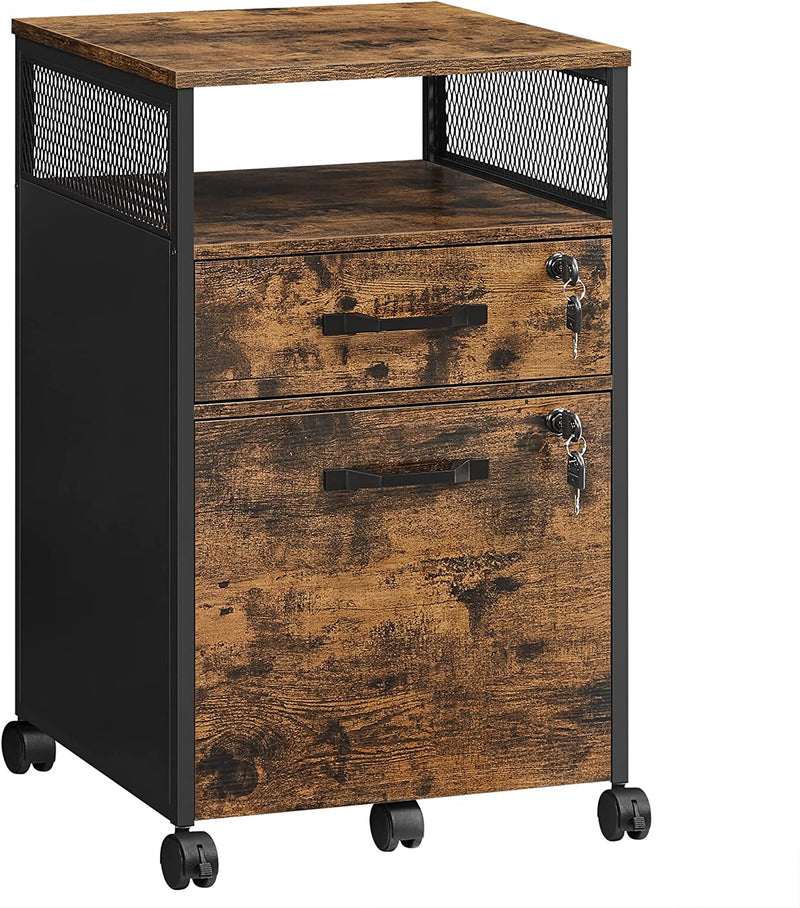 Cabinet de Fisiere  pentru Birou, Cabinet pentru Fisiere cu 2 Sertare Blocabile, Roti, Raft Deschis pentru Fisiere Suspendate, Cadru din Otel, Stil Industrial, Maro Rustic si Negru, VASAGLE