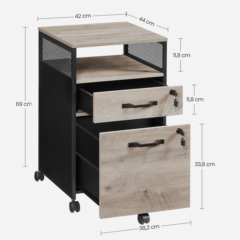 Cabinet de Fisiere cu inchidere  , Cabinet pentru Birou cu Sertare, Roti Universale, Format DIN A4 si Scrisori, Compartiment Deschis, Cadru din Otel, Gri Negru, VASAGLE