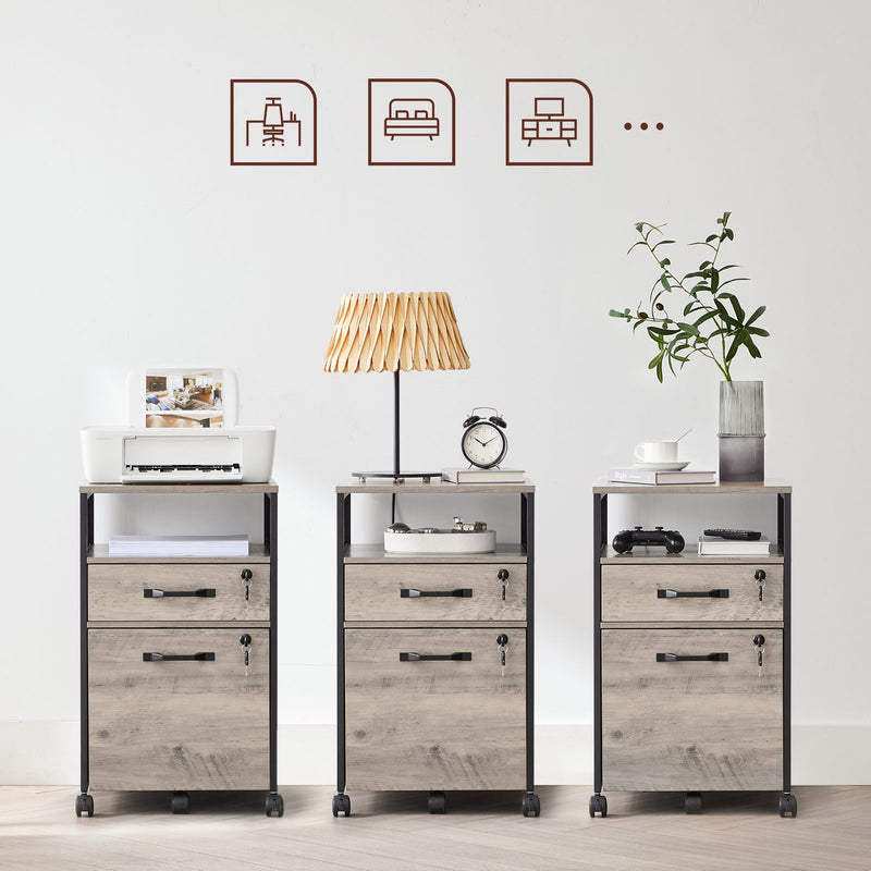 Cabinet de Fisiere cu inchidere  , Cabinet pentru Birou cu Sertare, Roti Universale, Format DIN A4 si Scrisori, Compartiment Deschis, Cadru din Otel, Gri Negru, VASAGLE