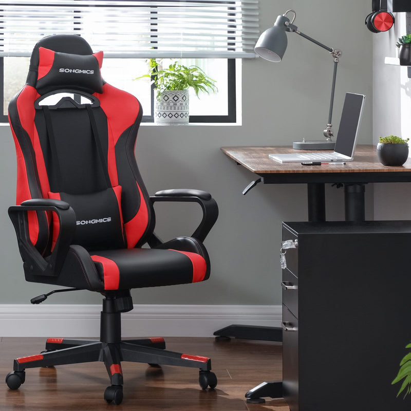 Scaun de Gaming, Scaun de Calculator, Scaun de Birou, Tetiera Detasabila, Perna Lombara, Reglabil pe inaltime, Functie de Leganare, Capacitate Maxima de 150 kg, Ergonomic, Negru/Rosu SONGMICS