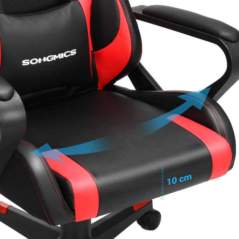 Scaun de Gaming, Scaun de Calculator, Scaun de Birou, Tetiera Detasabila, Perna Lombara, Reglabil pe inaltime, Functie de Leganare, Capacitate Maxima de 150 kg, Ergonomic, Negru/Rosu SONGMICS