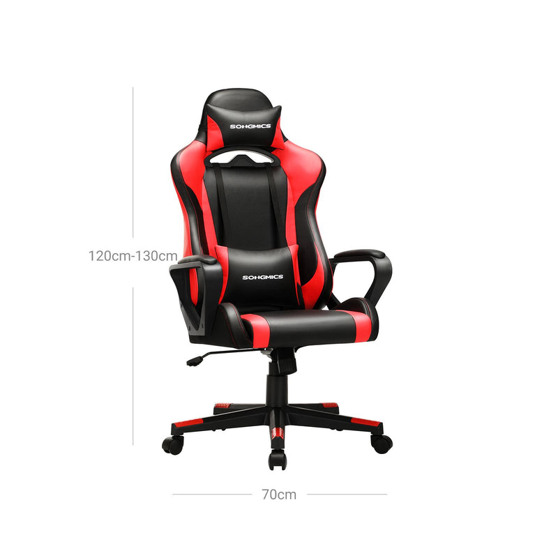 Scaun de Gaming, Scaun de Calculator, Scaun de Birou, Tetiera Detasabila, Perna Lombara, Reglabil pe inaltime, Functie de Leganare, Capacitate Maxima de 150 kg, Ergonomic, Negru/Rosu SONGMICS