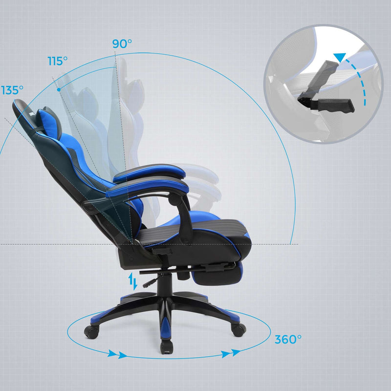 Scaun de Gaming, Scaun de Birou Ergonomic, Scaun de Birou, Suport Extensibil pentru Picior, Unghi de inclinare 90°-135°, Capacitate Maxima de 150 kg, Negru/Albastru SONGMICS