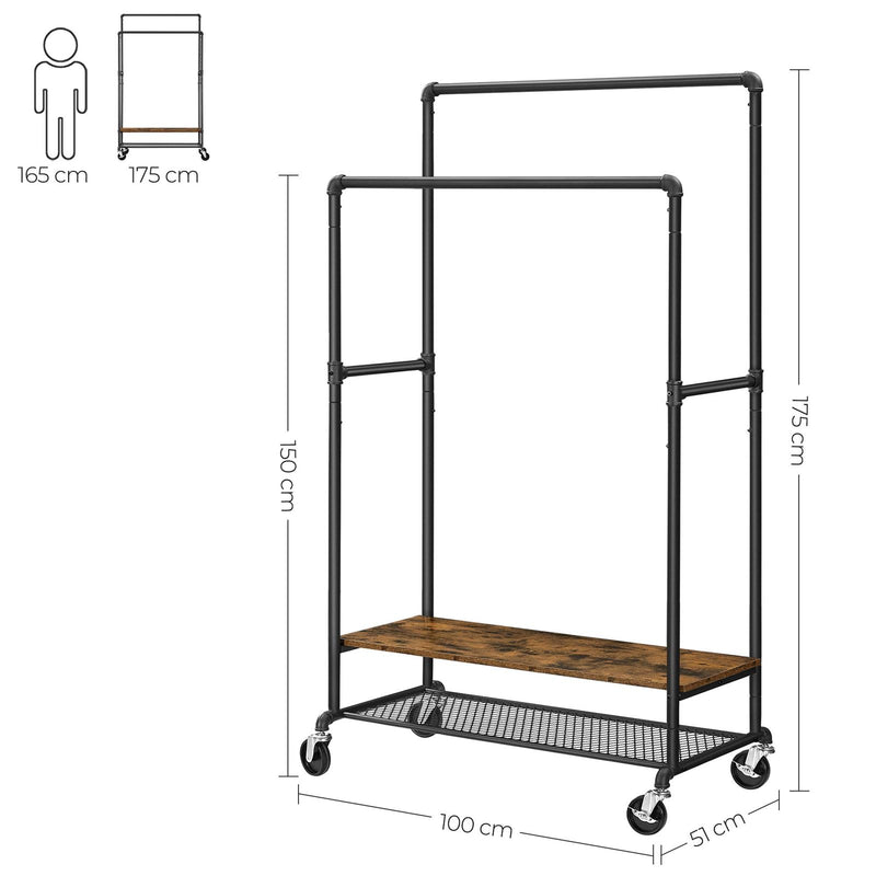 Suport pentru Haine   cu Roti, 2 Bare pentru Haine si 2 Polite 51 x 100 x 150/175 cm Design Industrial Maro Vintage / Negru, VASAGLE