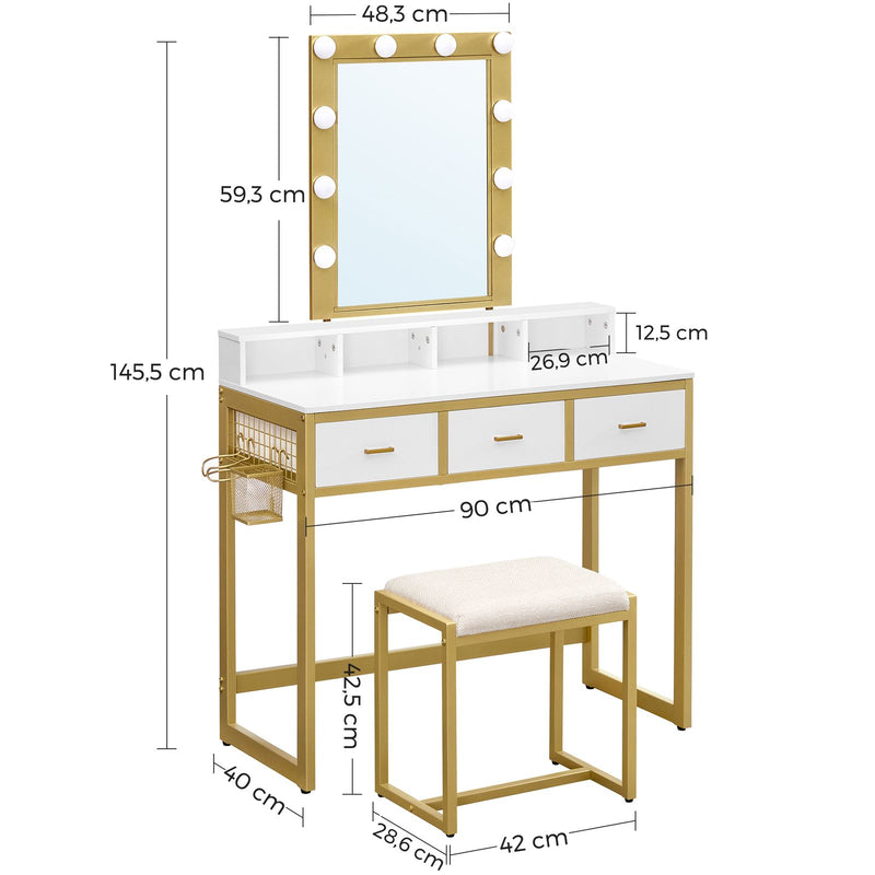 Masa de toaleta  cu scaun, masa de toaleta cu 10 becuri LED, oglinda cu luminozitate reglabila, design modern, alb-auriu, VASAGLE