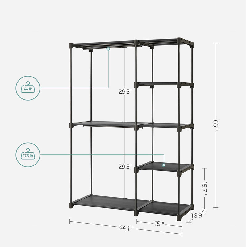 Dulap Liberstationar, Dulap Pliabil, Suport pentru Haine cu Bare de Asezare, Suport pentru Haine, Dulap de Depozitare Deschis, Organizator de Depozitare, 112 x 43 x 165 cm, Negru SONGMICS