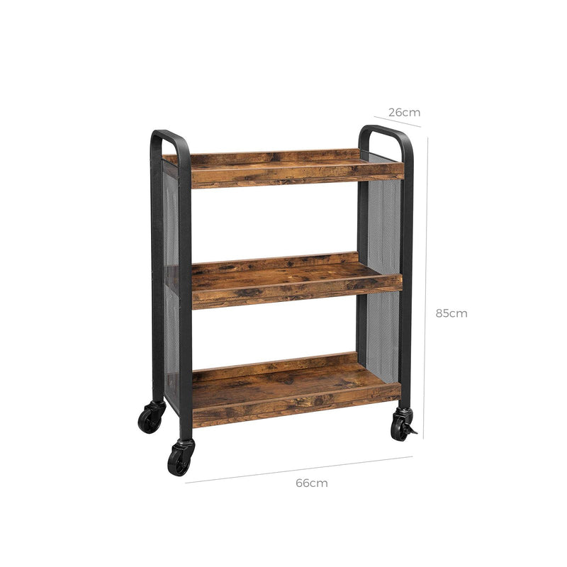 Carucior de bucatarie, carucior rulant, carucior de servire cu roti universale picioare de nivelare, structura din otel, 26 x 66 x 85 cm, pentru bucatarie, sufragerie, maro rustic