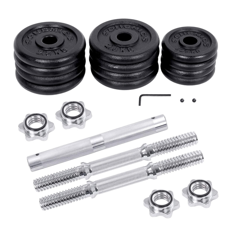 Set de gantere  2 in 1, 2 gantere ajustabile din fonta de 15 kg cu bara suplimentara pentru barbell, antrenament de fitness, ridicarea greutatilor, la sala de sport la domiciliu, negru SONGMICS