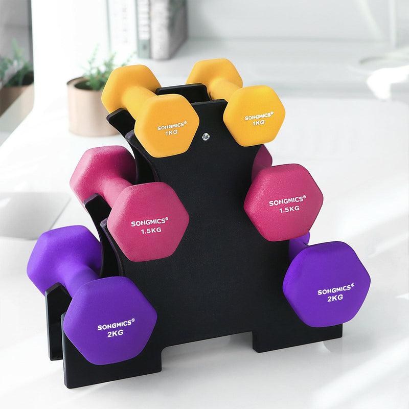 Set de gantere hexagonale  cu suport, 2 x 1 kg, 2 x 1,5 kg, 2 x 2 kg, gantere cu finisaj mat din neopren pentru exercitii acasa, galben, roz si mov SONGMICS