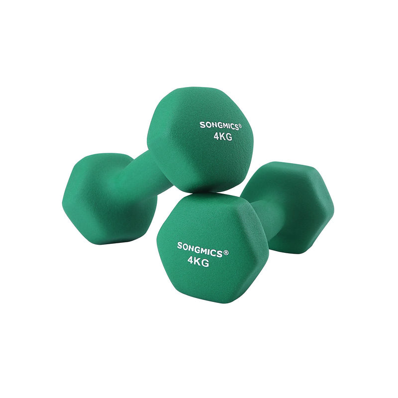 Set de gantere , 2 x 4 kg, gantere din neopren, antrenamente la sala acasa, rezistente la apa si anti-alunecare cu finisaj mat, 20,5 x 9 cm, verde SONGMICS