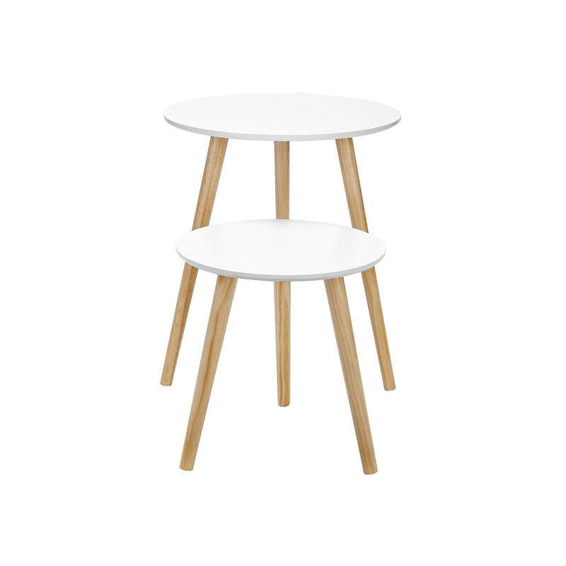 Masa laterala incastrabila , masa de cafea rotunda, set de 2, masa de cafea minimalista scandinava cu picioare din lemn masiv de pin, alba si naturala, VASAGLE