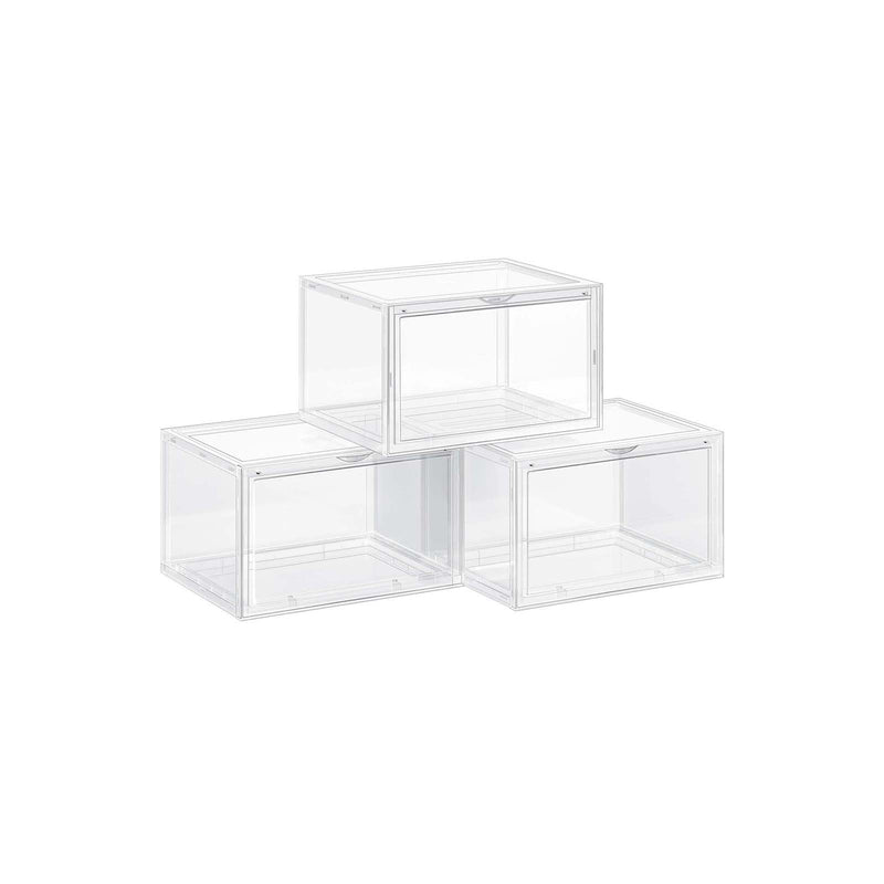 Cutii pentru Pantofi, Set de 3 Organizatoare pentru Pantofi Suprapunere cu Usa Transparenta, Stocare pentru Pantofi din Plastic, Potrivite pentru Marimea 45 UK, 36 x 28 x 22 cm, Transparente SONGMICS