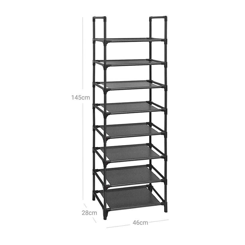 Suport pentru Pantofi cu 8 Etaje, Raft pentru Pantofi, Organizator pentru Pantofi, Economisire de Spatiu, 28 x 46 x 145 cm, Structura din Metal, Rafturi din tesatura netesuta, pentru Hol, Dormitor, Negru SONGMICS